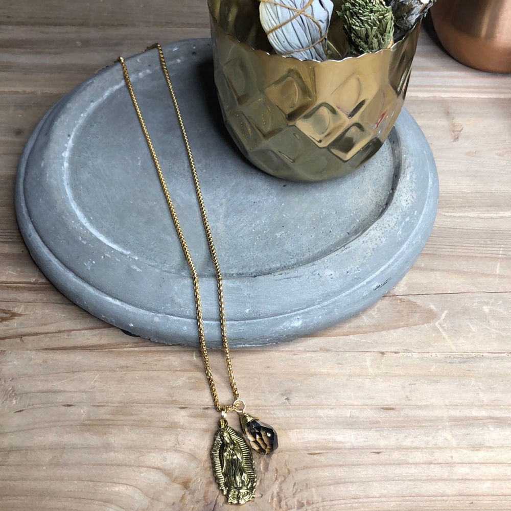 Gold 22” Madonna pendant & crystal drop necklace